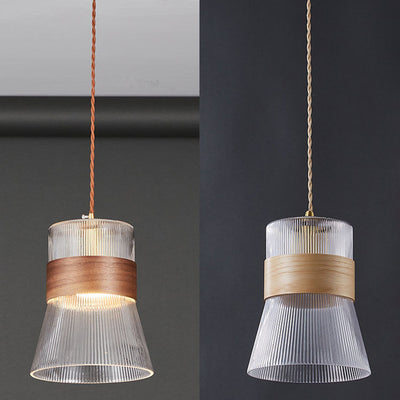 Traditional Japanese Transparent Ribbed Glass Shade Wood Copper 1 Light Pendant Light For Dining Room