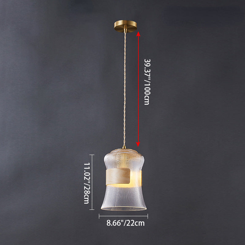 Traditional Japanese Transparent Ribbed Glass Shade Wood Copper 1 Light Pendant Light For Dining Room