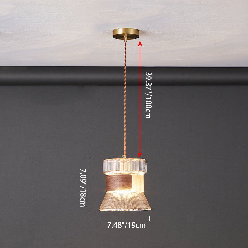 Traditional Japanese Transparent Ribbed Glass Shade Wood Copper 1 Light Pendant Light For Dining Room