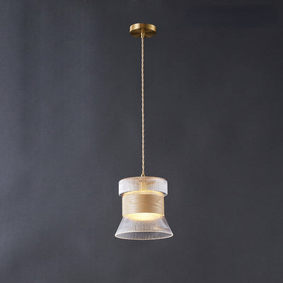 Traditional Japanese Transparent Ribbed Glass Shade Wood Copper 1 Light Pendant Light For Dining Room