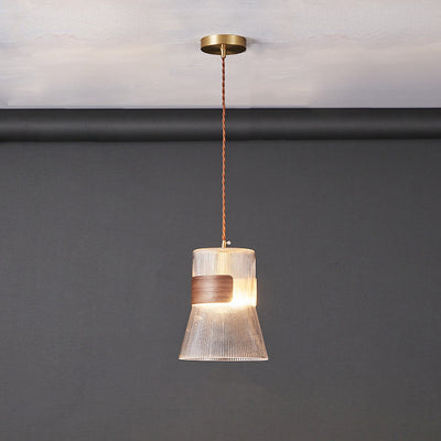 Traditional Japanese Transparent Ribbed Glass Shade Wood Copper 1 Light Pendant Light For Dining Room