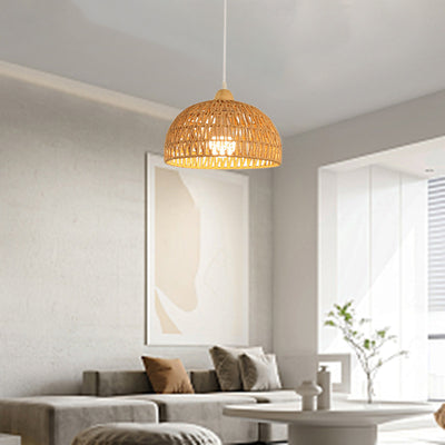 Contemporary Boho Hardware Wood Hemp Rope Rattan Weaving Hollow Dome 1-Light Pendant Light For Living Room