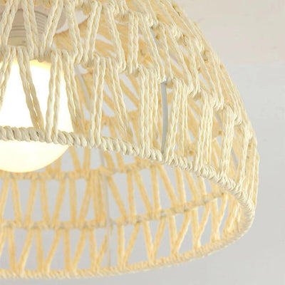 Contemporary Boho Hardware Wood Hemp Rope Rattan Weaving Hollow Dome 1-Light Pendant Light For Living Room