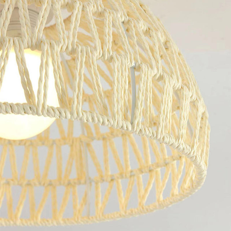 Contemporary Boho Hardware Wood Hemp Rope Rattan Weaving Hollow Dome 1-Light Pendant Light For Living Room