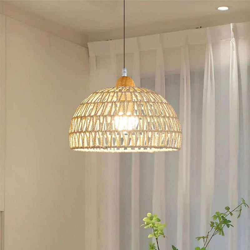 Contemporary Boho Hardware Wood Hemp Rope Rattan Weaving Hollow Dome 1-Light Pendant Light For Living Room