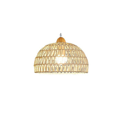 Contemporary Boho Hardware Wood Hemp Rope Rattan Weaving Hollow Dome 1-Light Pendant Light For Living Room