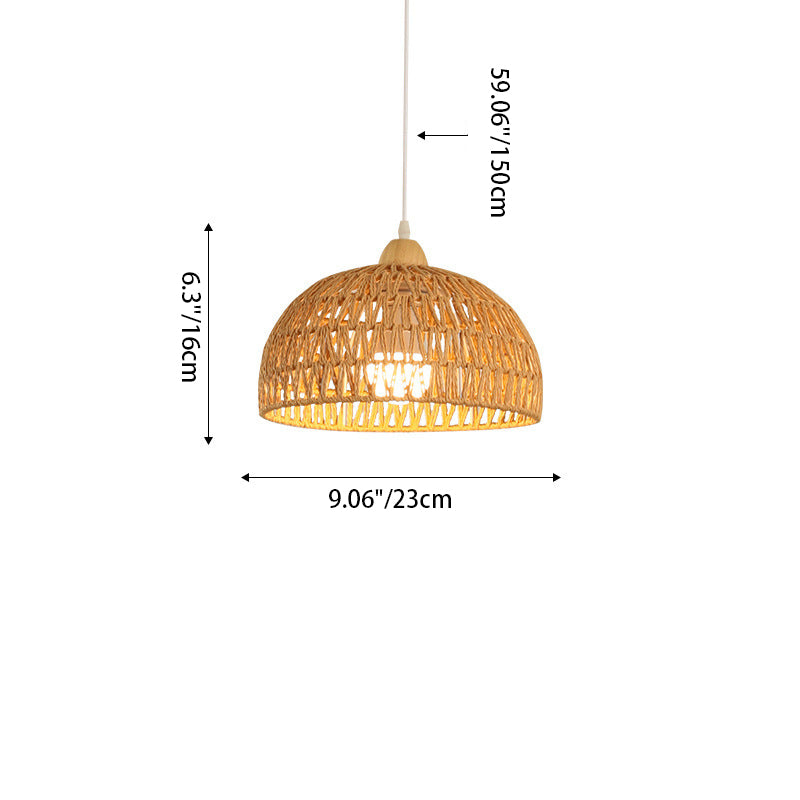 Contemporary Boho Hardware Wood Hemp Rope Rattan Weaving Hollow Dome 1-Light Pendant Light For Living Room