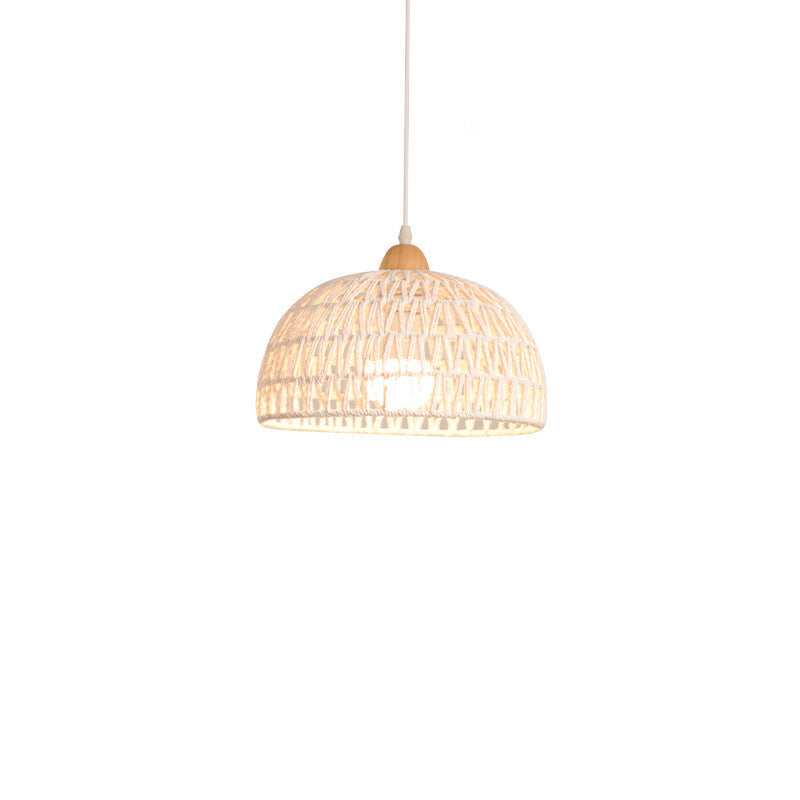 Contemporary Boho Hardware Wood Hemp Rope Rattan Weaving Hollow Dome 1-Light Pendant Light For Living Room