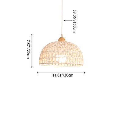 Contemporary Boho Hardware Wood Hemp Rope Rattan Weaving Hollow Dome 1-Light Pendant Light For Living Room