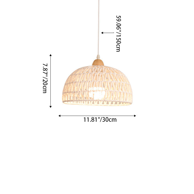 Contemporary Boho Hardware Wood Hemp Rope Rattan Weaving Hollow Dome 1-Light Pendant Light For Living Room