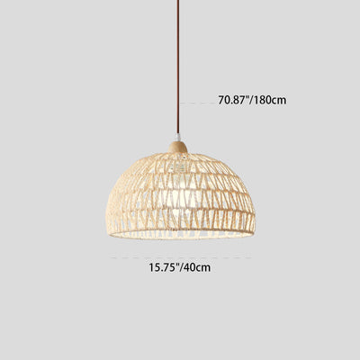 Contemporary Boho Hardware Wood Hemp Rope Rattan Weaving Hollow Dome 1-Light Pendant Light For Living Room