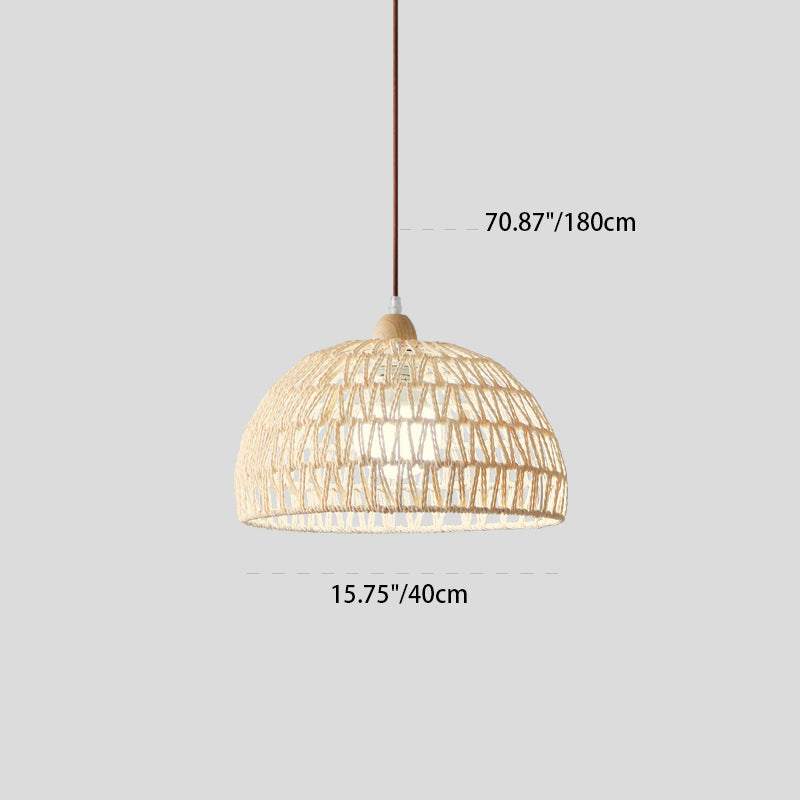 Contemporary Boho Hardware Wood Hemp Rope Rattan Weaving Hollow Dome 1-Light Pendant Light For Living Room