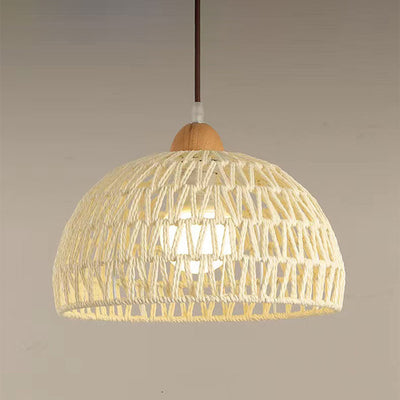 Contemporary Boho Hardware Wood Hemp Rope Rattan Weaving Hollow Dome 1-Light Pendant Light For Living Room