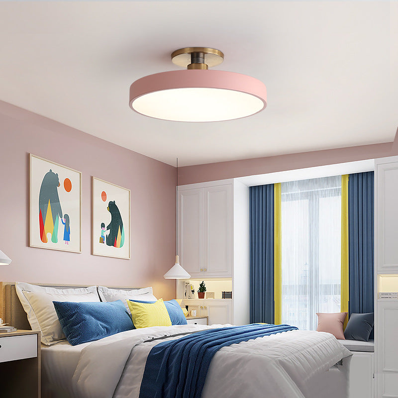 Modern Minimalist Round Shape Macaron Hardware Acrylic LED Semi-Flush Mount Ceiling Light For Bedroom