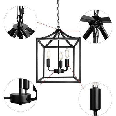 Contemporary Industrial Square Frame Iron 3-Light Pendant Light For Dining Room