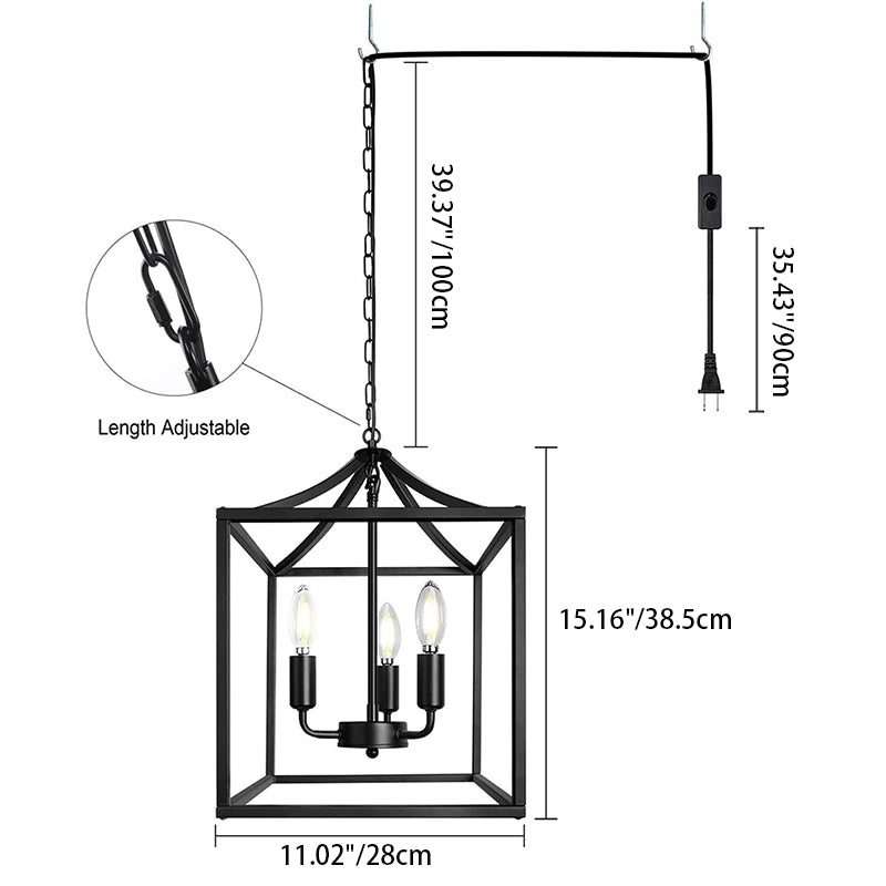 Contemporary Industrial Square Frame Iron 3-Light Pendant Light For Dining Room