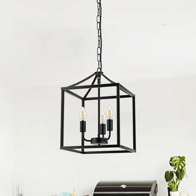 Contemporary Industrial Square Frame Iron 3-Light Pendant Light For Dining Room