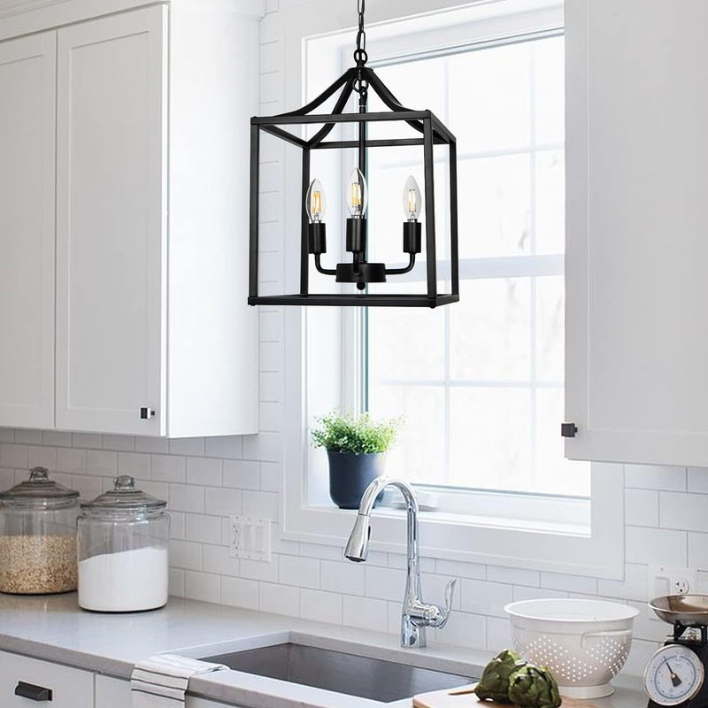 Contemporary Industrial Square Frame Iron 3-Light Pendant Light For Dining Room