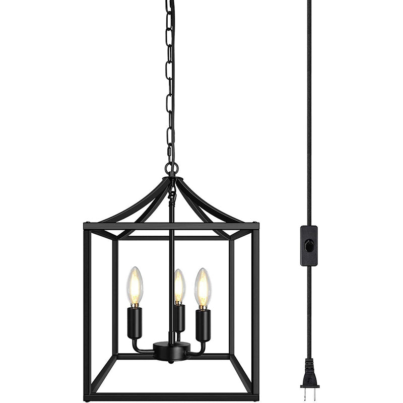 Contemporary Industrial Square Frame Iron 3-Light Pendant Light For Dining Room