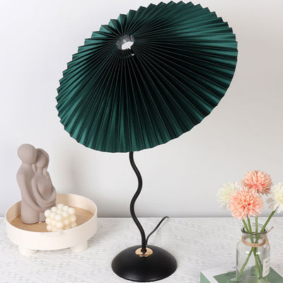 Contemporary Nordic Pleated Linen PVC Umbrella Shaped Curve Iron 1-Light Table Lamp For Living Room