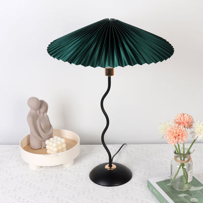 Contemporary Nordic Pleated Linen PVC Umbrella Shaped Curve Iron 1-Light Table Lamp For Living Room