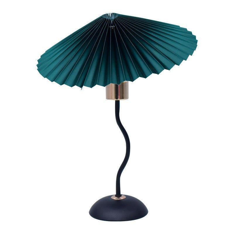 Contemporary Nordic Pleated Linen PVC Umbrella Shaped Curve Iron 1-Light Table Lamp For Living Room