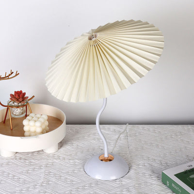 Contemporary Nordic Pleated Linen PVC Umbrella Shaped Curve Iron 1-Light Table Lamp For Living Room