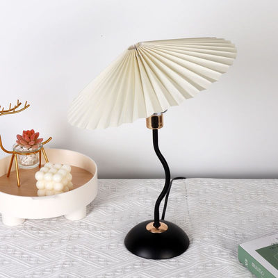 Contemporary Nordic Pleated Linen PVC Umbrella Shaped Curve Iron 1-Light Table Lamp For Living Room