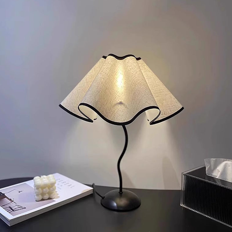 Contemporary Nordic Wave Iron Fabric Petal Flower 1-Light Table Lamp For Living Room