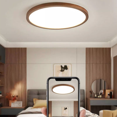 Modern Minimalist Round Wood Acrylic LED Flush Mount Ceiling Light For Bedroom