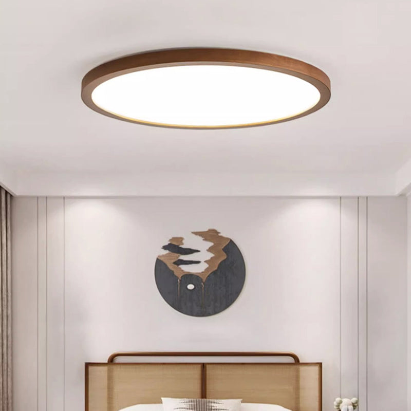 Modern Minimalist Round Wood Acrylic LED Flush Mount Ceiling Light For Bedroom