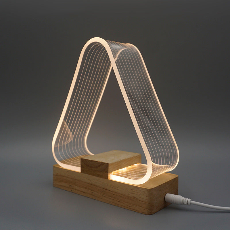 Contemporary Creative Rechargeable Wood Rectangle Base Triangle Acrylic USB LED Table Lamp Night Light For Bedside