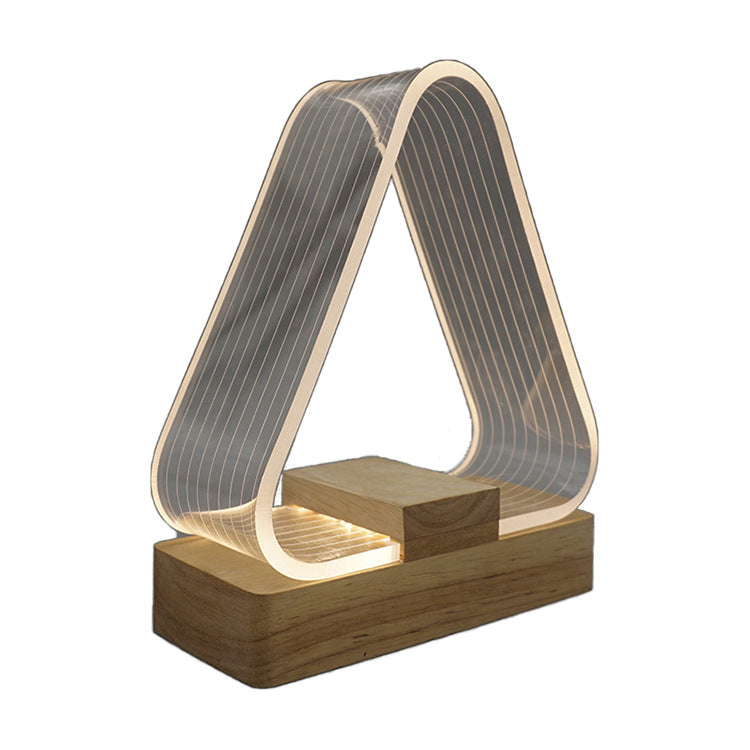 Contemporary Creative Rechargeable Wood Rectangle Base Triangle Acrylic USB LED Table Lamp Night Light For Bedside