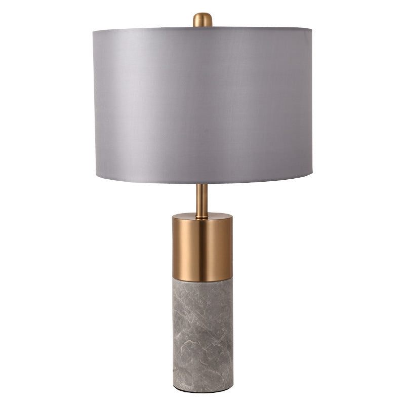 Contemporary Nordic Marble Base Cylindrical Drum Shade Fabric 1-Light Table Lamp For Bedroom