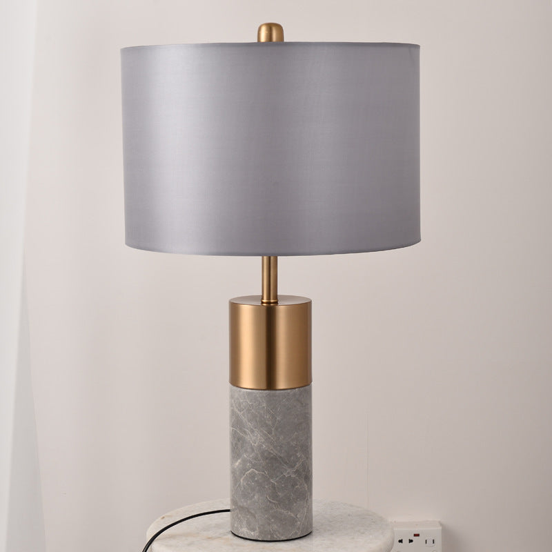 Contemporary Nordic Marble Base Cylindrical Drum Shade Fabric 1-Light Table Lamp For Bedroom