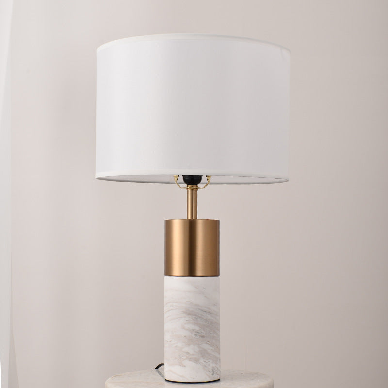 Contemporary Nordic Marble Base Cylindrical Drum Shade Fabric 1-Light Table Lamp For Bedroom