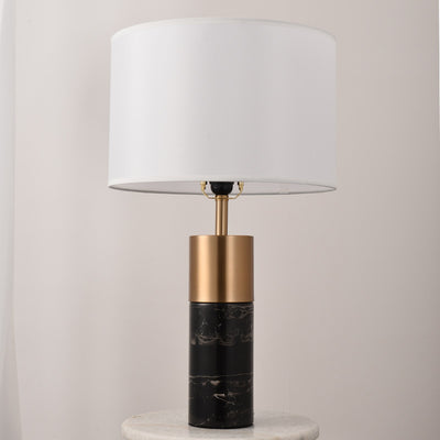 Contemporary Nordic Marble Base Cylindrical Drum Shade Fabric 1-Light Table Lamp For Bedroom