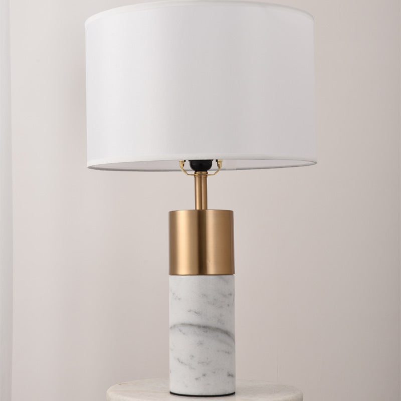 Contemporary Nordic Marble Base Cylindrical Drum Shade Fabric 1-Light Table Lamp For Bedroom