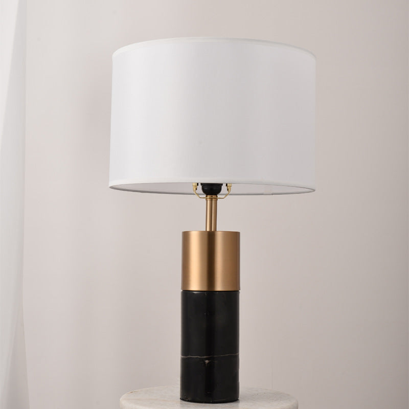 Contemporary Nordic Marble Base Cylindrical Drum Shade Fabric 1-Light Table Lamp For Bedroom