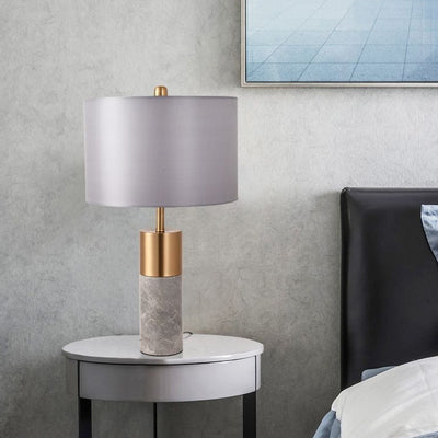 Contemporary Nordic Marble Base Cylindrical Drum Shade Fabric 1-Light Table Lamp For Bedroom