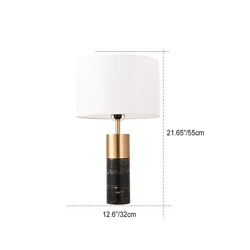 Contemporary Nordic Marble Base Cylindrical Drum Shade Fabric 1-Light Table Lamp For Bedroom