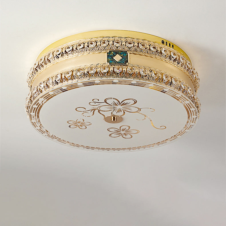 Moderne Luxus-runde Kristall-Quadrat-Perlen-Blumen-Wellen-Muster-Hardware-Leder-Shell-Glas-LED-Deckenleuchte für Schlafzimmer 