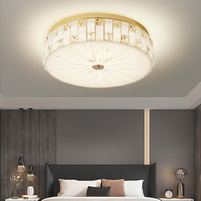 Moderne Luxus-runde Kristall-Quadrat-Perlen-Blumen-Wellen-Muster-Hardware-Leder-Shell-Glas-LED-Deckenleuchte für Schlafzimmer 