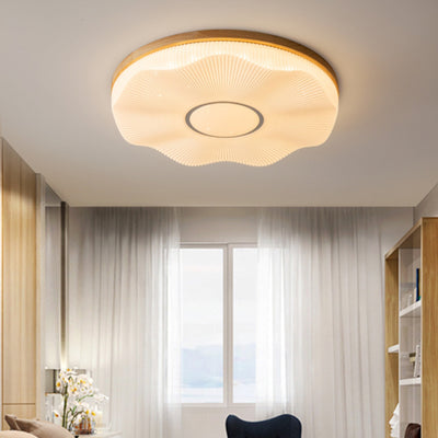 Traditional Japanese Round Flower Wood Acrylic LED Flush Mount Ceiling Light For Living Room