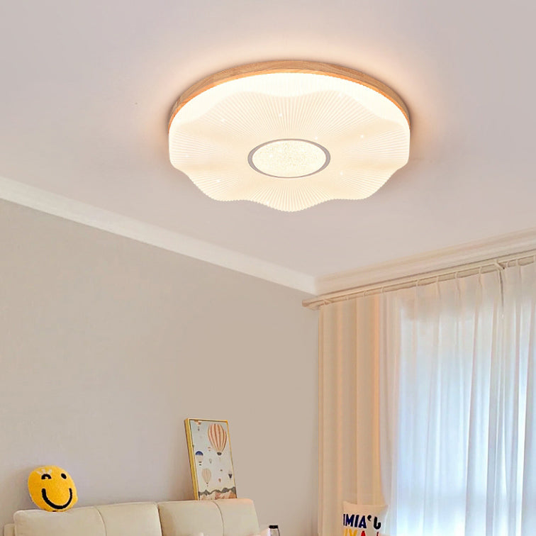 Traditional Japanese Round Flower Wood Acrylic LED Flush Mount Ceiling Light For Living Room