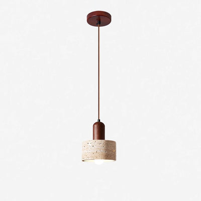 Contemporary Retro Round Travertine Texture Wood 1-Light Pendant Light For Dining Room