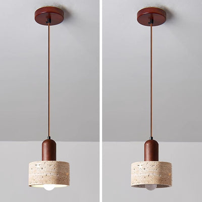 Contemporary Retro Round Travertine Texture Wood 1-Light Pendant Light For Dining Room