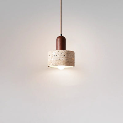 Contemporary Retro Round Travertine Texture Wood 1-Light Pendant Light For Dining Room