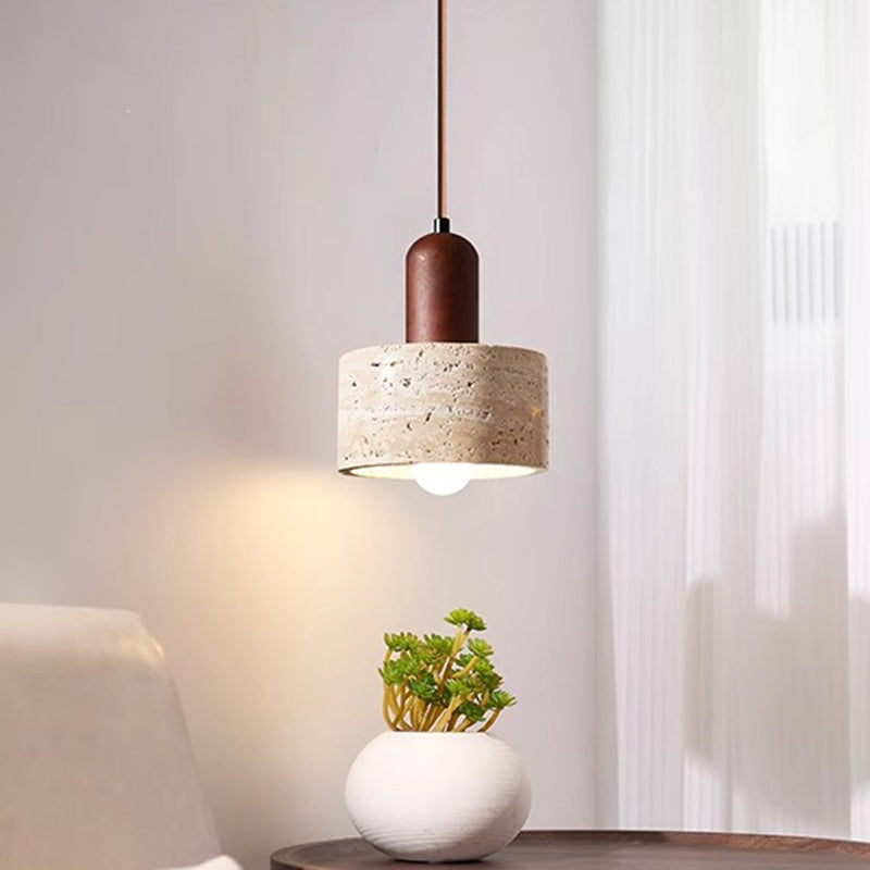 Contemporary Retro Round Travertine Texture Wood 1-Light Pendant Light For Dining Room