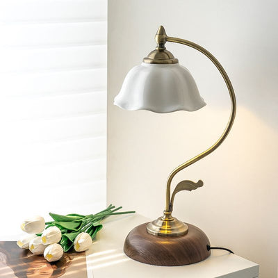 Zeitgenössische Retro Massivholz Metall Stoff Zylinder Gedruckt Blume 1-Licht Tischlampe Für Schlafzimmer 